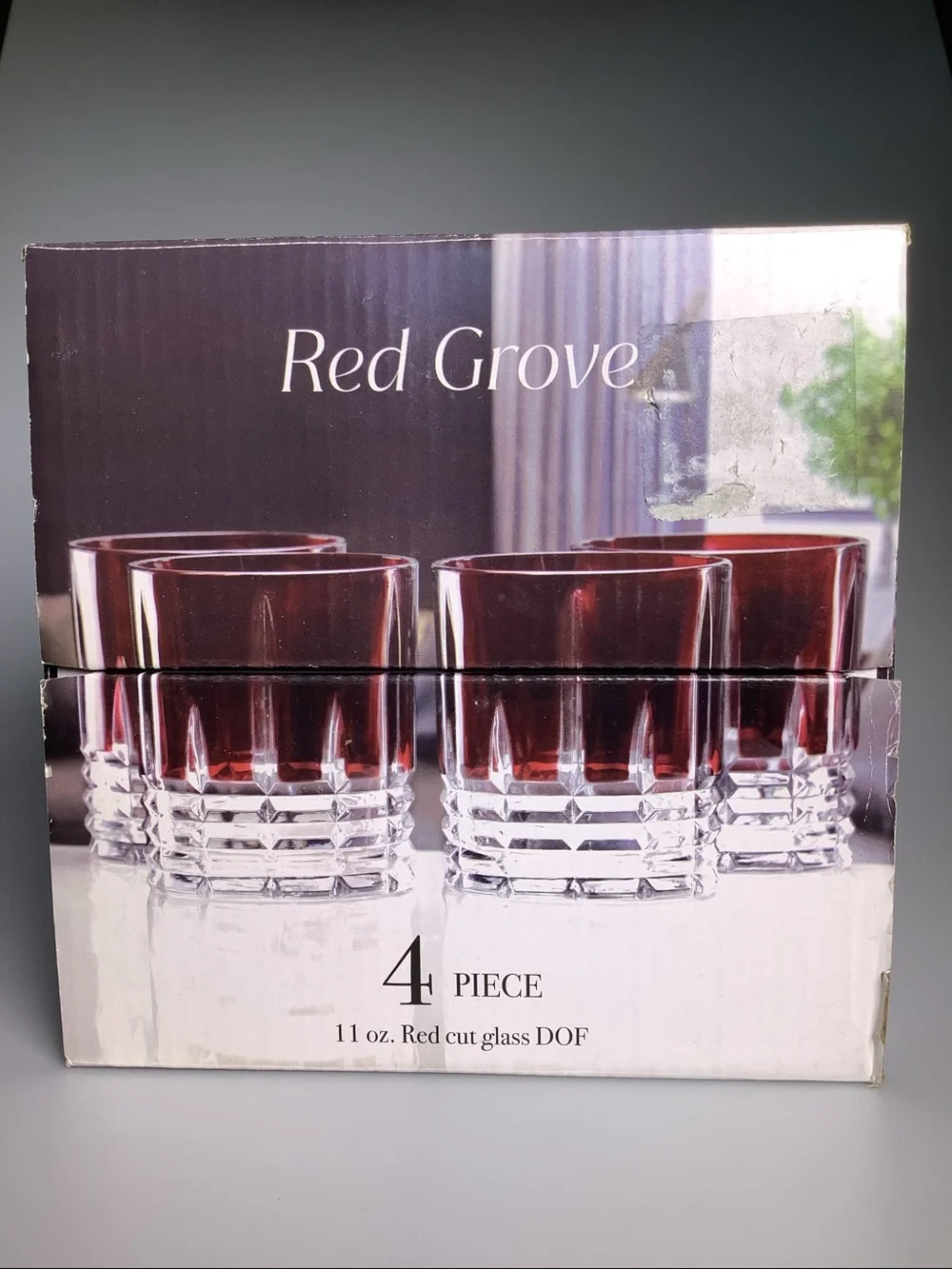 Red Grove Set of 4 Ruby Red Cut Glass 11 ounce Tumblers(DOF)  New in box